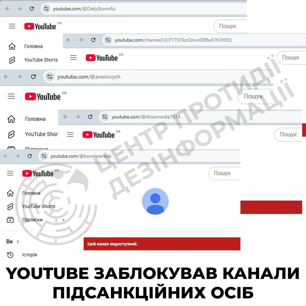 YouTube Blocks Channels of Oleksii Arestovych, Kostiantyn Bondarenko, Dmytro Vasylets, Anastasia Kashevarova, Pavlo Onyshchenko, Oleksandr Shelest, and Vadym Karasyov in Ukraine