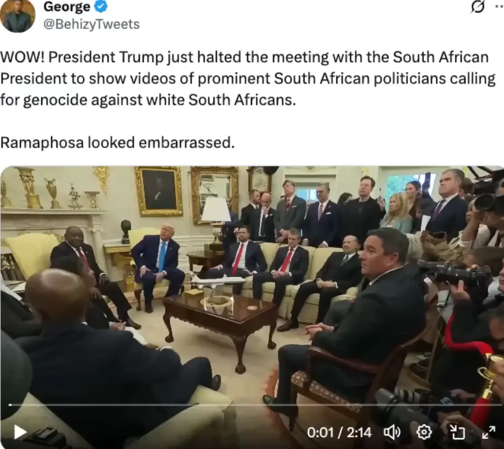 President Trump's Oval Office Meeting with South African President Ramaphosa Featured Videos Alleging Genocide Against White South Africans A Claim Widely Debunked