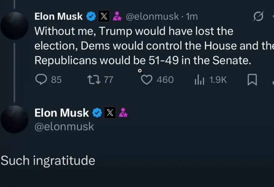 "I am very disappointed in Elon, I helped him a lot," says Trump.