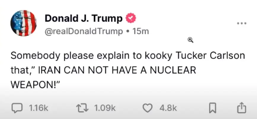 Donald Trump Publicly Criticizes Dumb Tucker Carlson, Calling Him Kooky Over Iran's Nuclear Weapon Stance