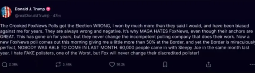 Donald J. Trump Criticizes FoxNews Polls for Inaccuracy on Election Results and Border Security