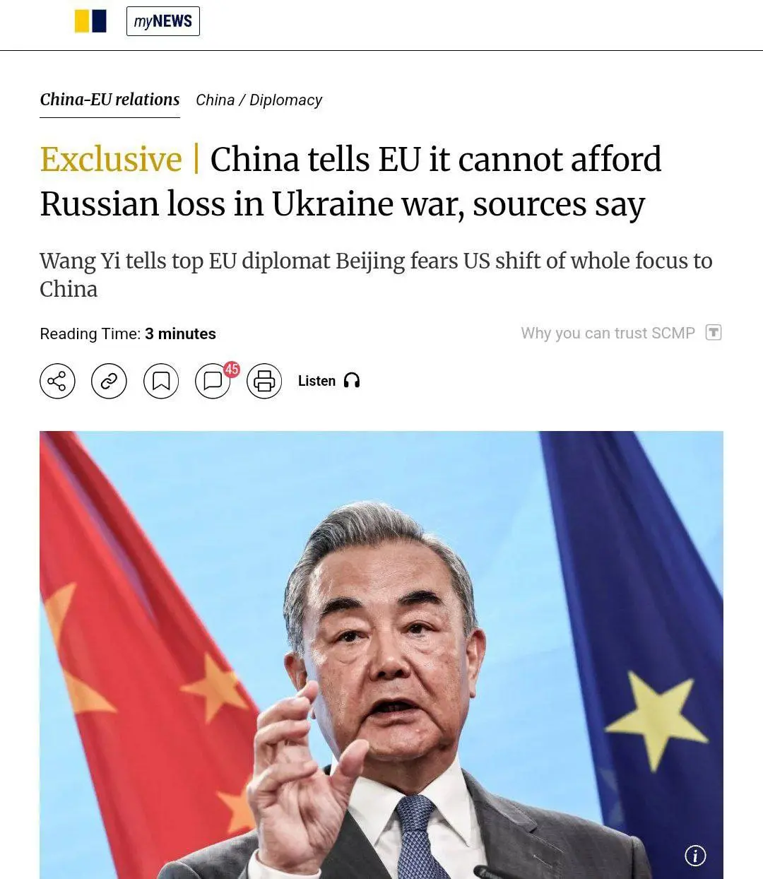China says it does not want Russia to lose, and that Europe cannot handle Russia's defeat because they might get involved.